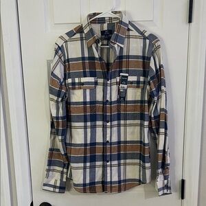 George Men's Plaid Shirt in Blue, Brown, and White size Small